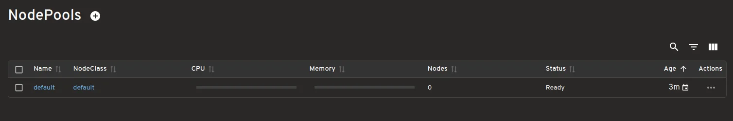Node Pools data including Name, NodeClass, CPU, Memory, Nodes, Status, Age, Actions