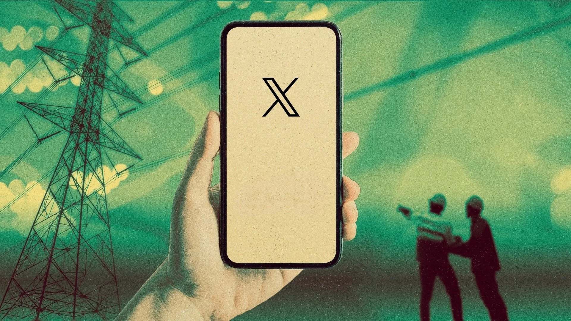 hand holding phone with x logo with power lines and workers in background
