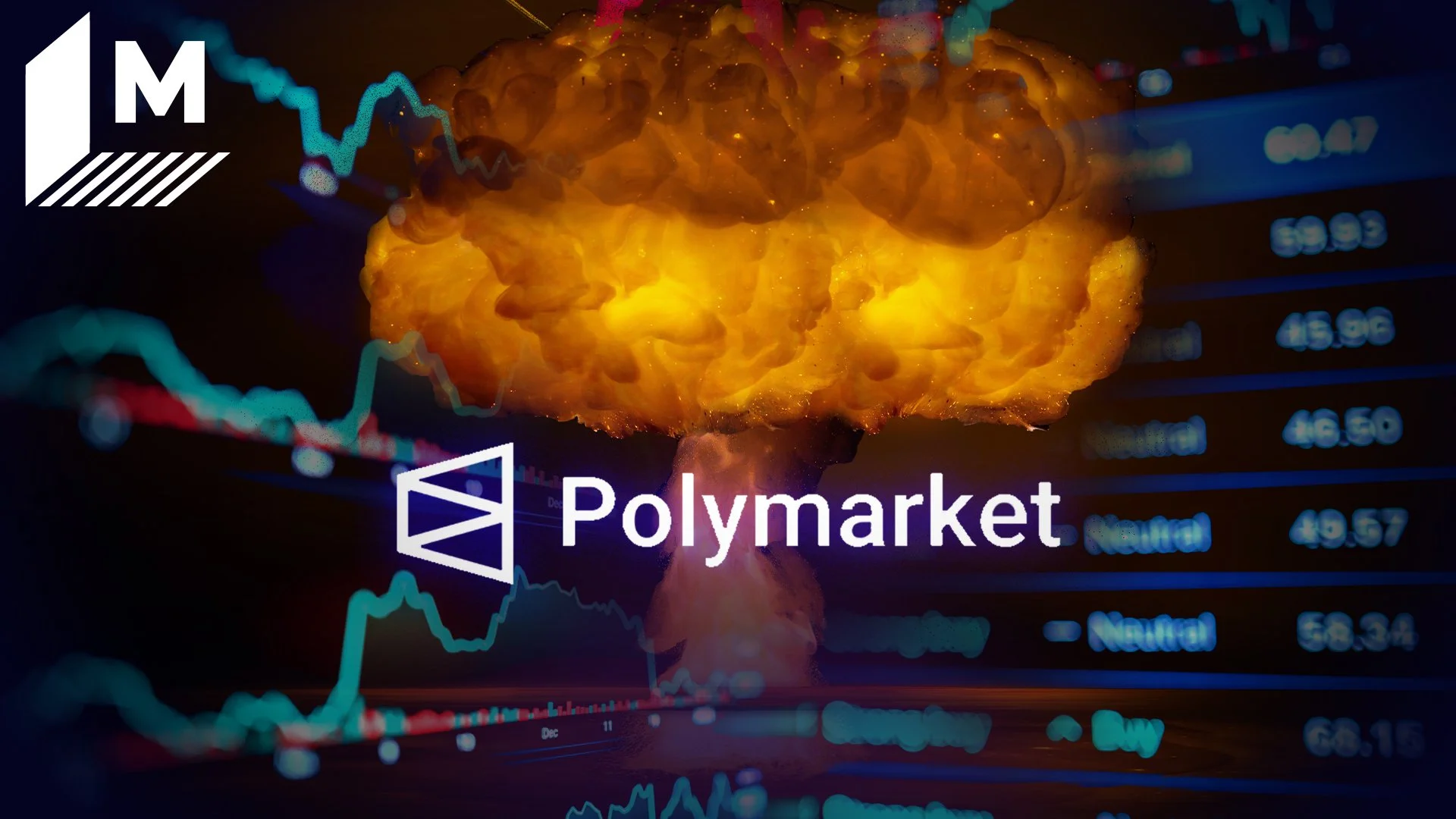 A collage shows a prediction market screen, an image of a detonated nuclear bomb, and Polymarket's logo