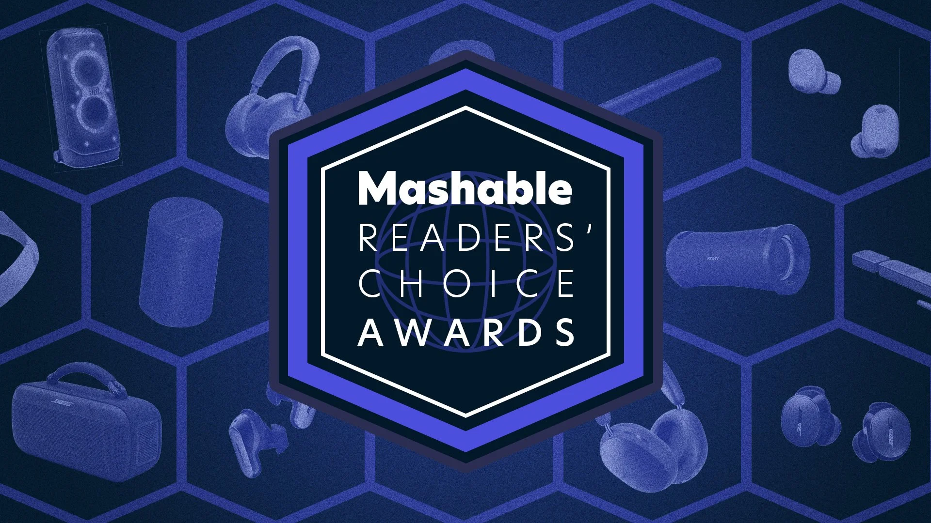 Mashable Readers' Choice Award logo against background of audio products