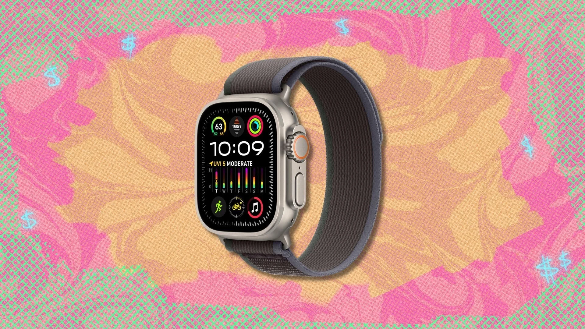 apple watch ultra 2 against a yellow, pink, and green patterned background