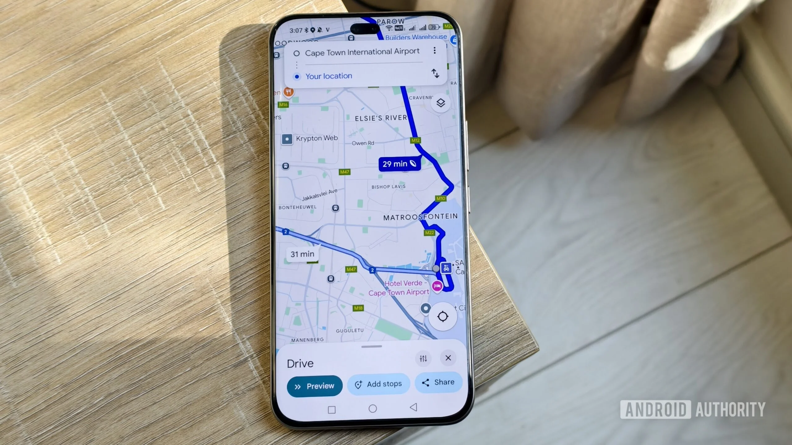 google maps showing a route on a smartphone screen